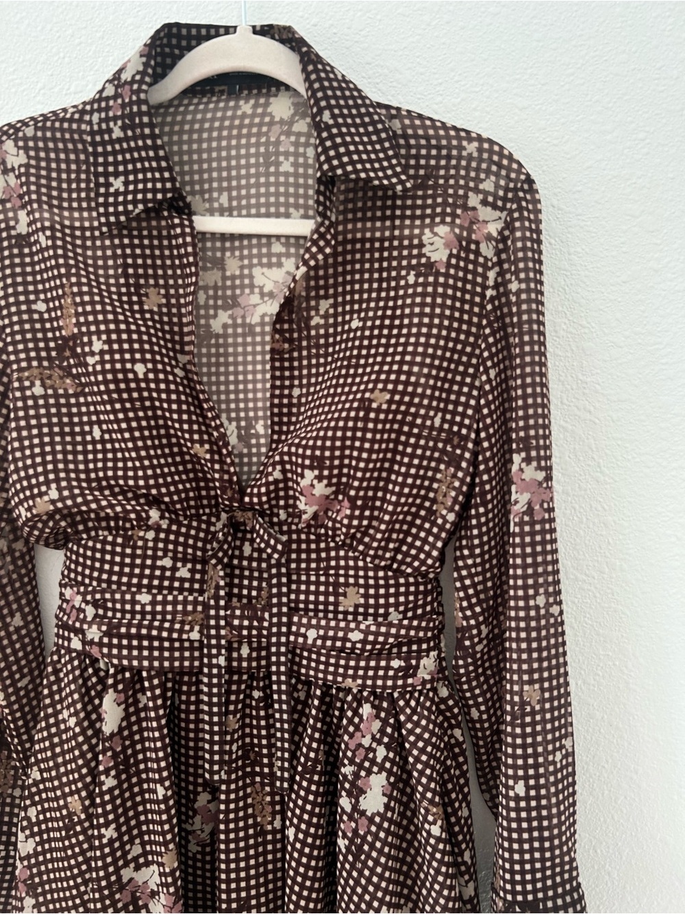 Zara Brown Gingham & Floral Long Sleeve Deep V-Neck Mini Dress
